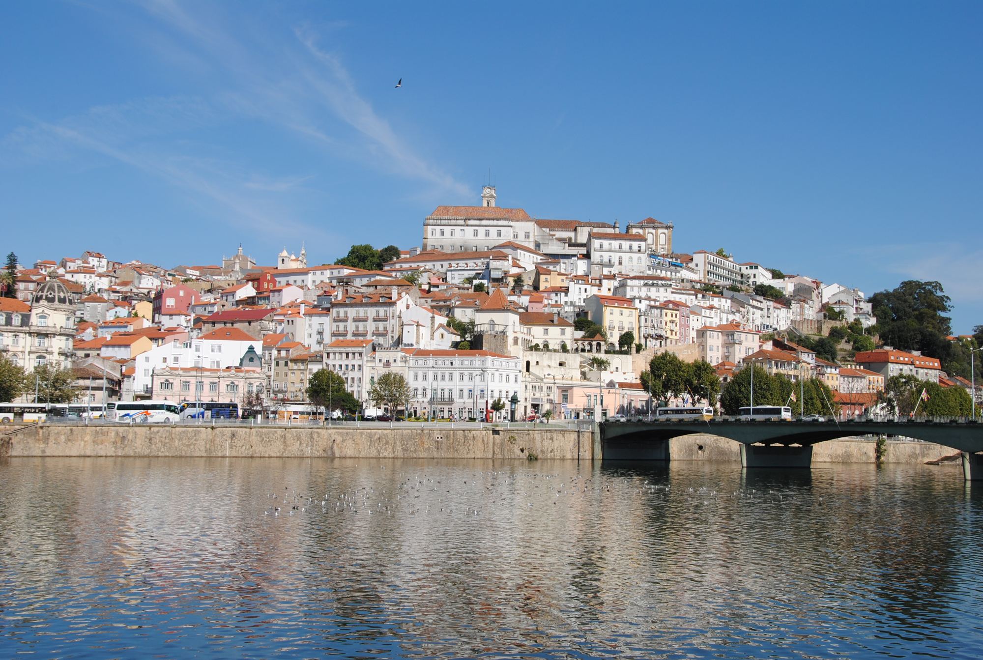 Coimbra numa colina sobre o rio Mondego, com a torre da universidade no topo e uma ponte à direita
